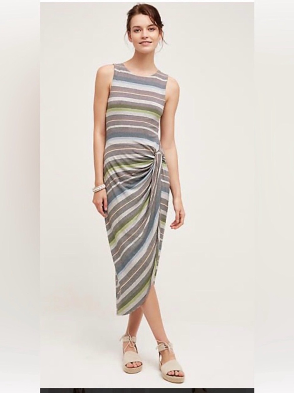 Anthropologie Striped Sleeveless Midi Dress in Gray, Blue and Green